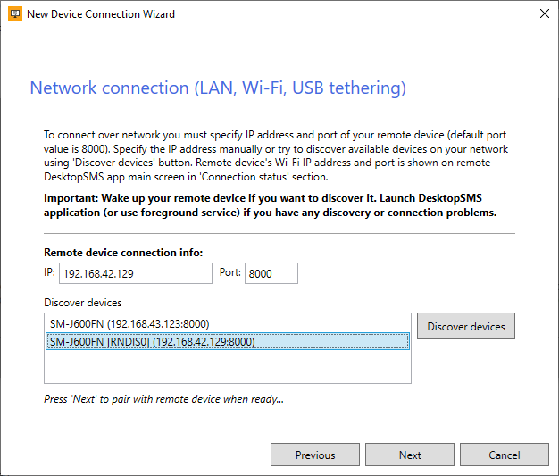 DesktopSMS Client - RNDIS Network connection type