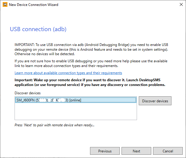 DesktopSMS - USB (adb) connection